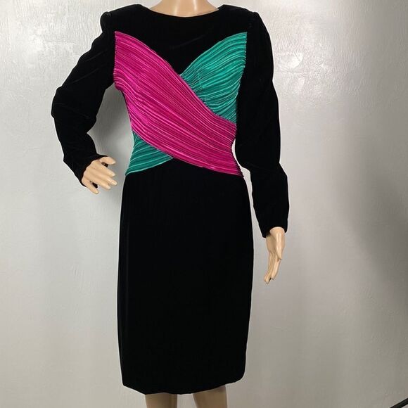Morton Myles black velvet long sleeve colorblock pattern - Picture 1 of 10